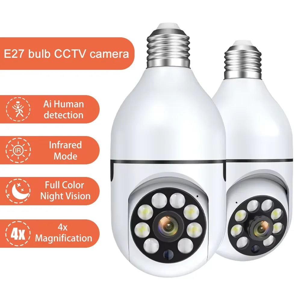 E27 wifi camera bulb in white, featuring adjustable lens and standard light bulb thread connection — view 2