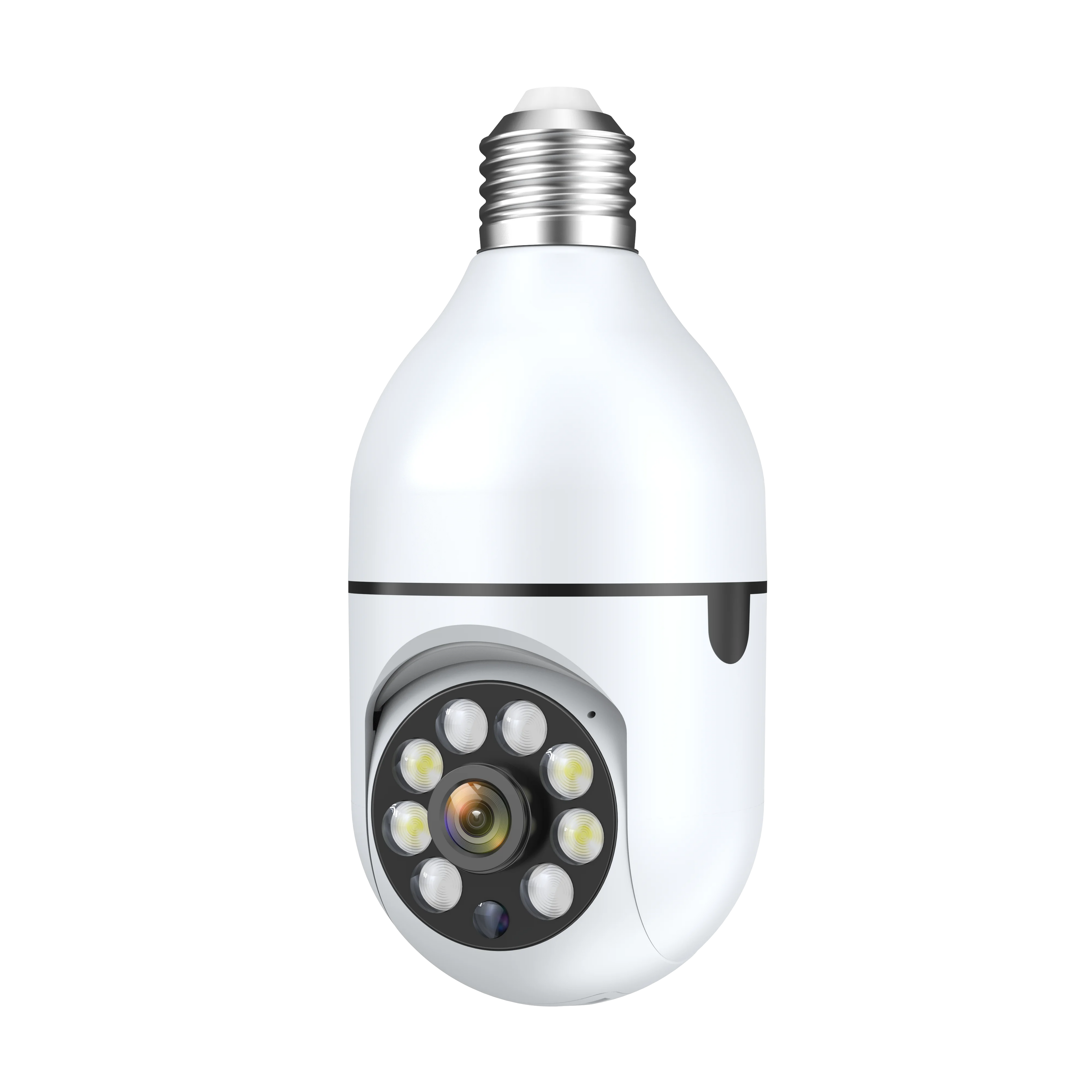 E27 wifi camera bulb in white, featuring adjustable lens and standard light bulb thread connection