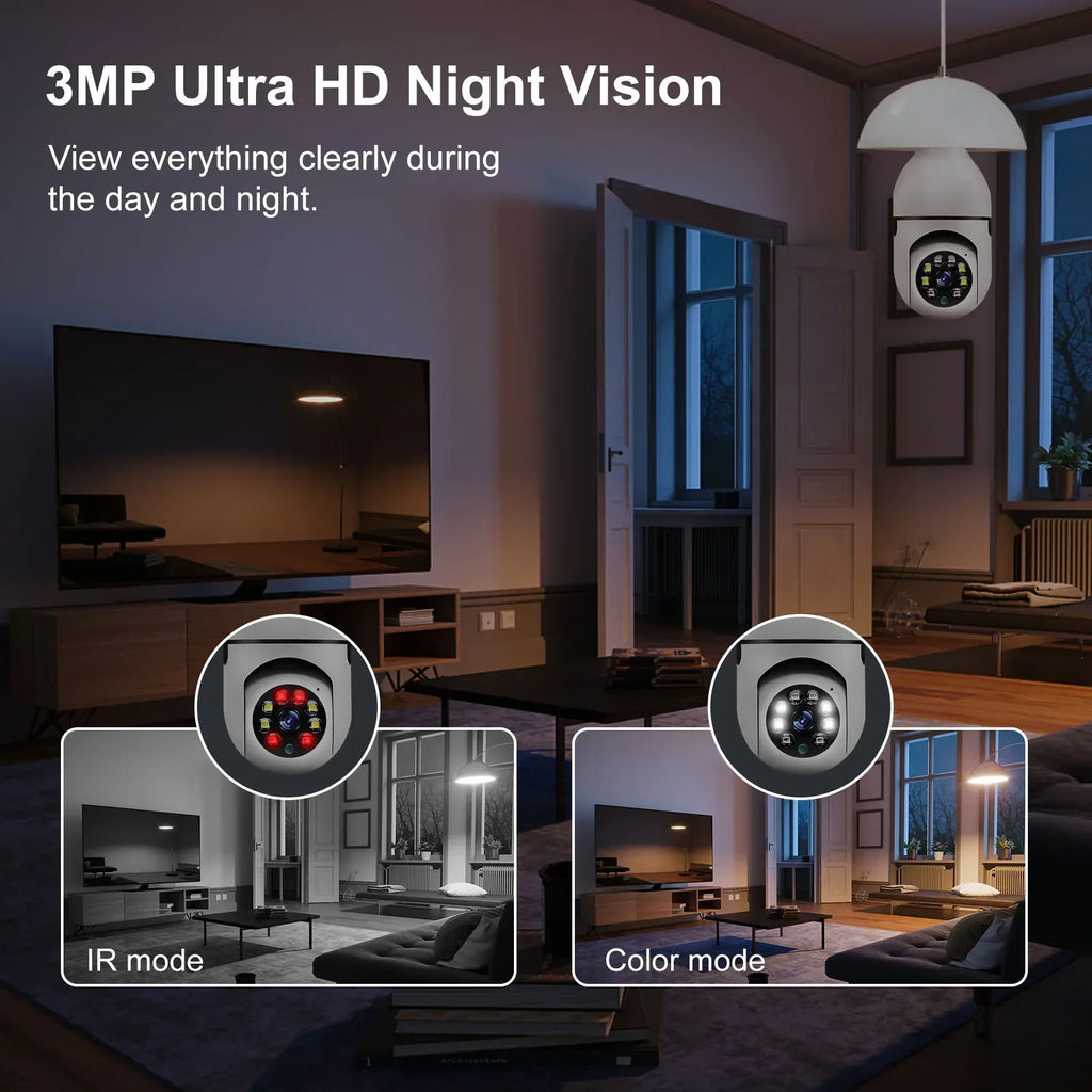 E27 wifi camera bulb in white, featuring adjustable lens and standard light bulb thread connection — view 5