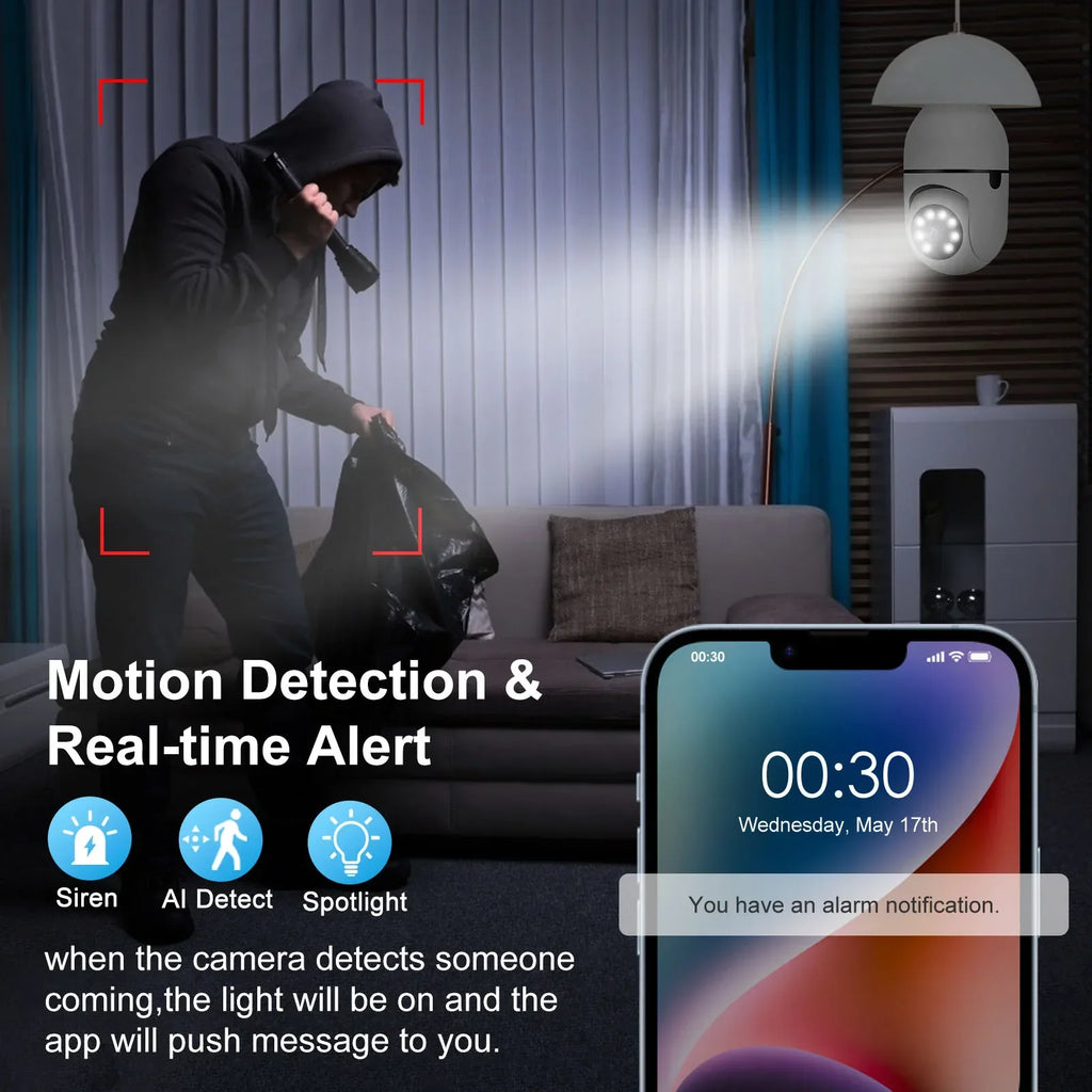E27 wifi camera bulb in white, featuring adjustable lens and standard light bulb thread connection — view 4