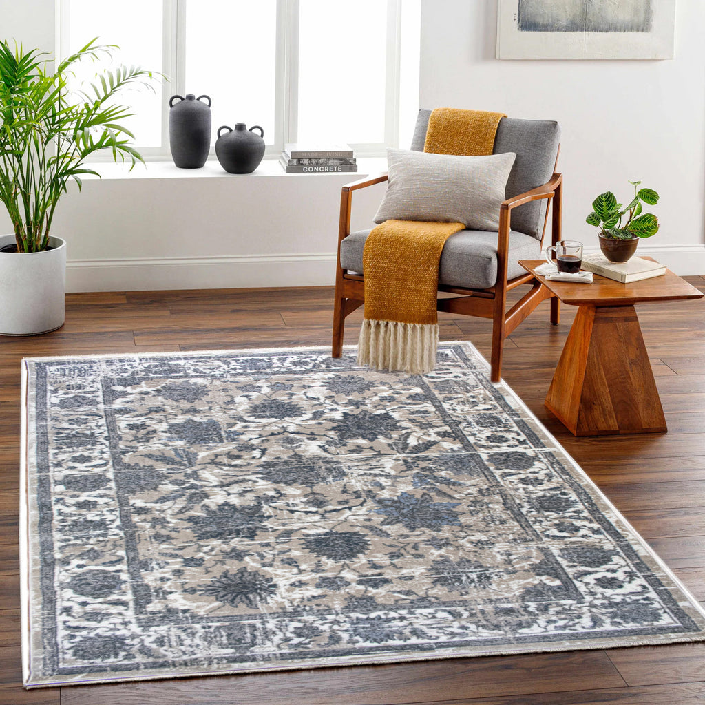 ROY's Home Navy Big Flower Area Rugs, Vintage Effect Lines-0
