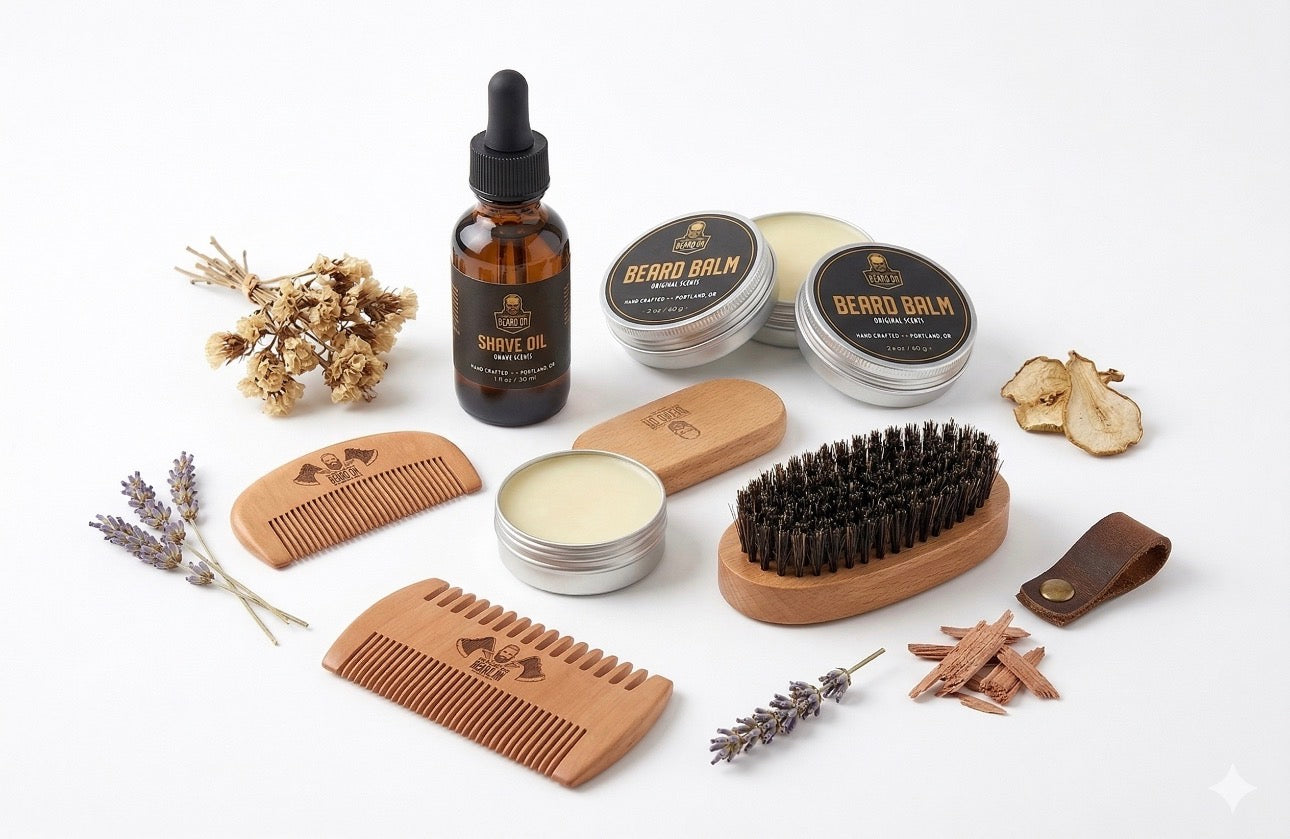 Organic beard grooming kit with oil bottle balm tin boar bristle brush and wooden comb — view 3