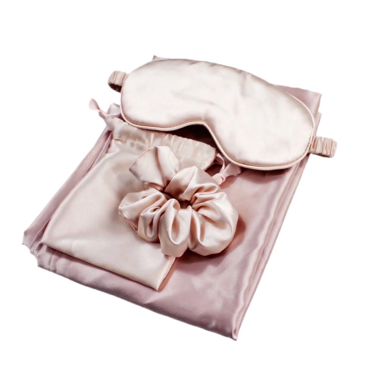 Premium mulberry silk pillowcase contoured eye mask and hair scrunchie 3-piece beauty sleep set