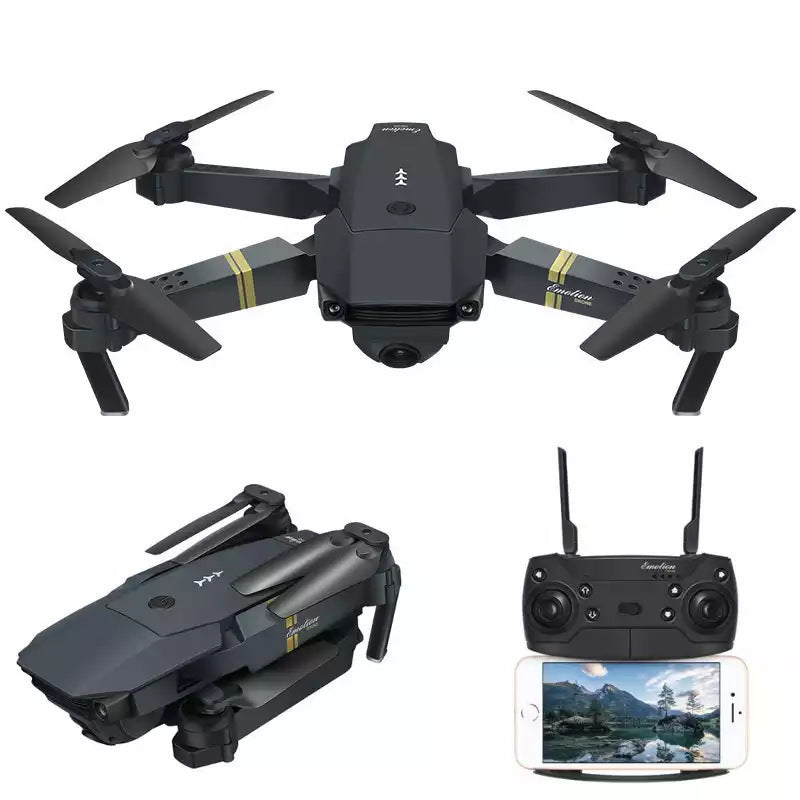 Black foldable WiFi FPV drone with carbon fiber frame, fan blades, and remote controller