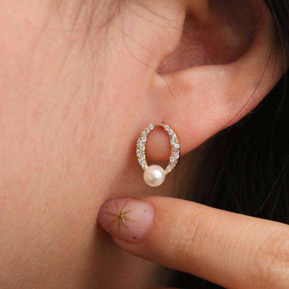 Cubic Oval Pearl Earrings-0