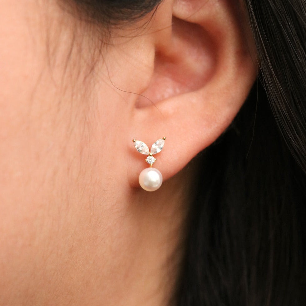 Cubic leaf pearl drop earrings with sparkling zirconia stones and sterling silver posts — view 2