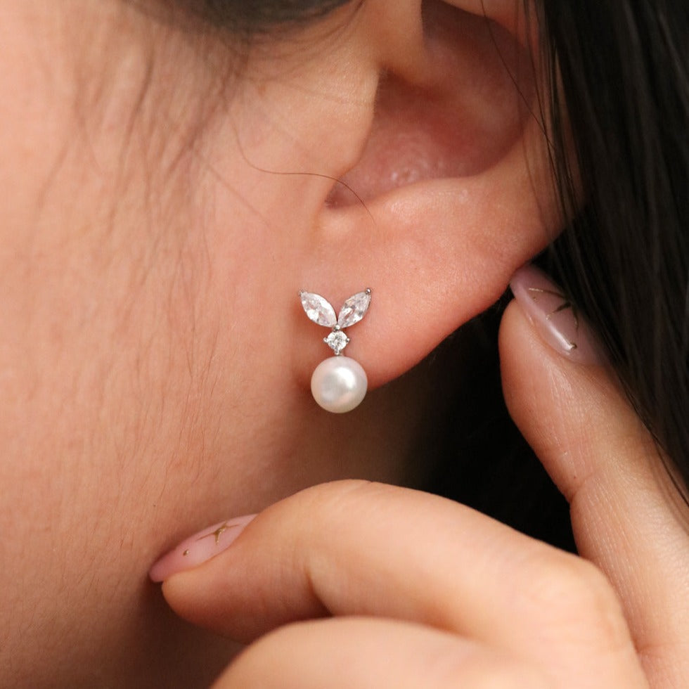 Cubic leaf pearl drop earrings with sparkling zirconia stones and sterling silver posts