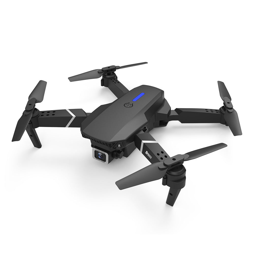 Black E88 foldable quadcopter drone with 4K dual camera and remote control transmitter