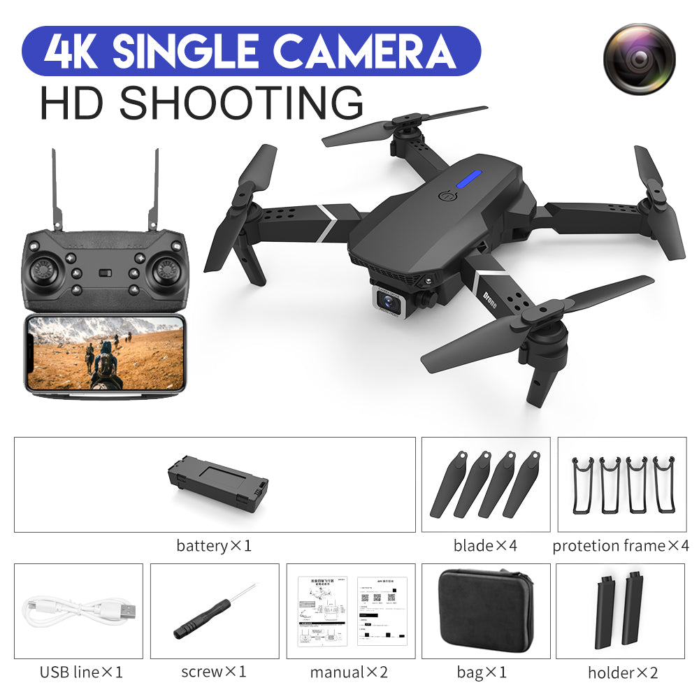 Black E88 foldable quadcopter drone with 4K dual camera and remote control transmitter — view 2