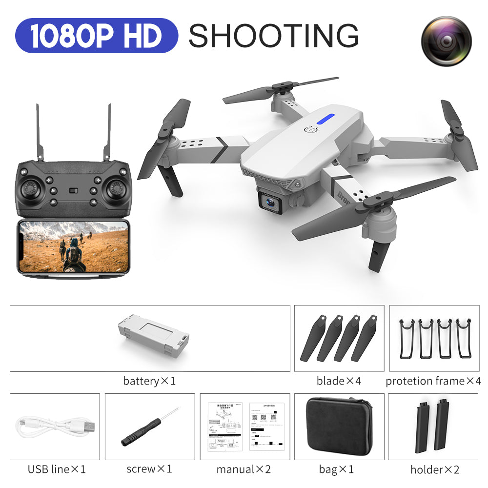 Black E88 foldable quadcopter drone with 4K dual camera and remote control transmitter — view 3