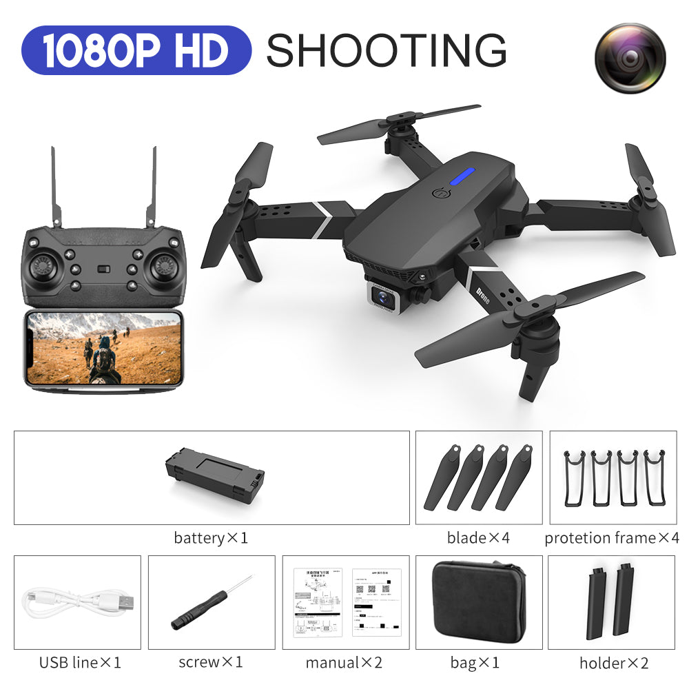 Black E88 foldable quadcopter drone with 4K dual camera and remote control transmitter — view 4