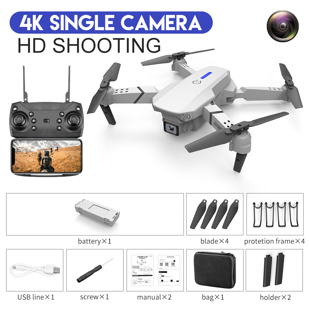 Black E88 foldable quadcopter drone with 4K dual camera and remote control transmitter — view 5