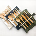 Natural bamboo travel cutlery set with organic cotton pouch fork spoon knife chopsticks and reusable straw