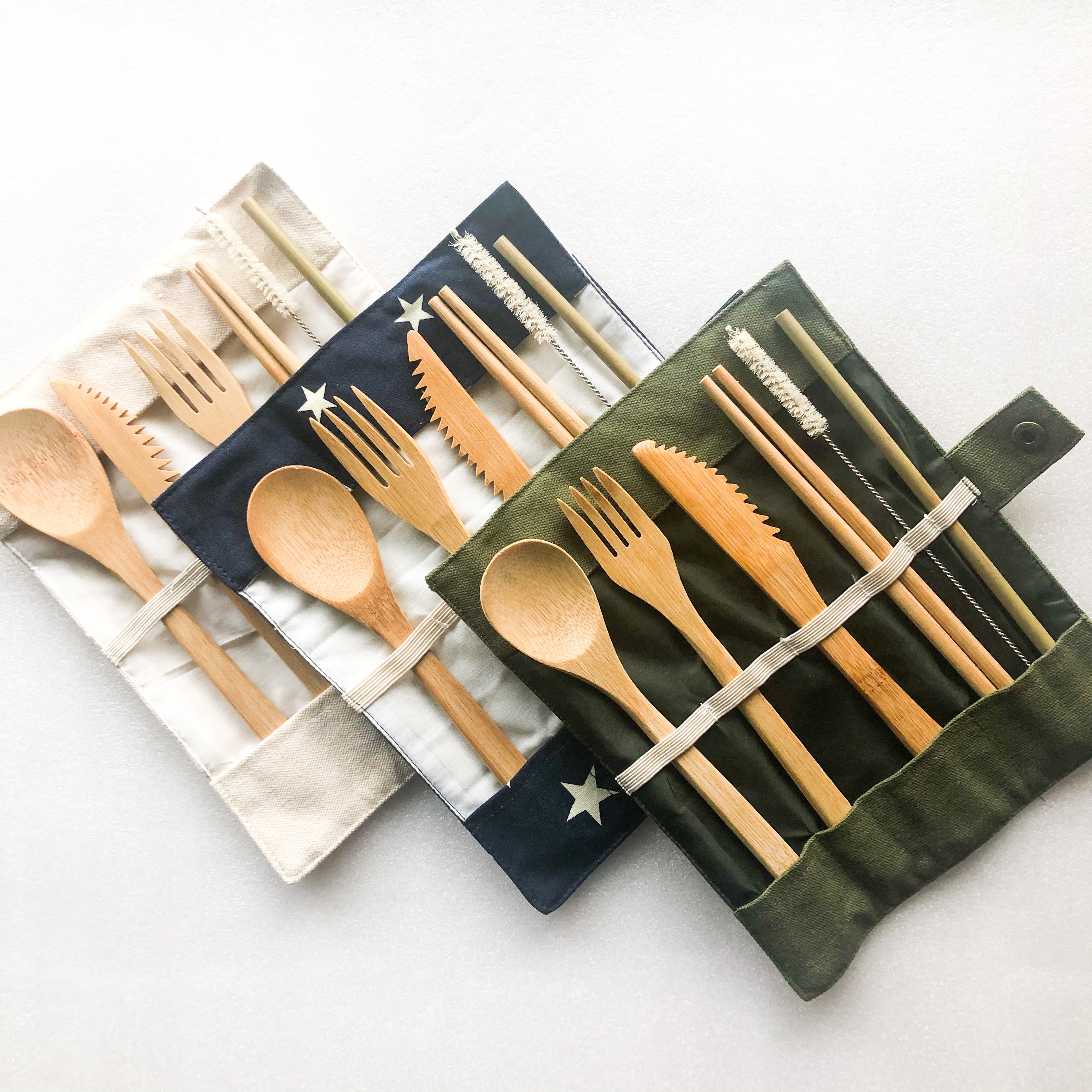 Natural bamboo travel cutlery set with organic cotton pouch fork spoon knife chopsticks and reusable straw