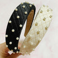 Quilted elegance pearl headband in soft fabric featuring hand-nailed pearls and smooth padded edges