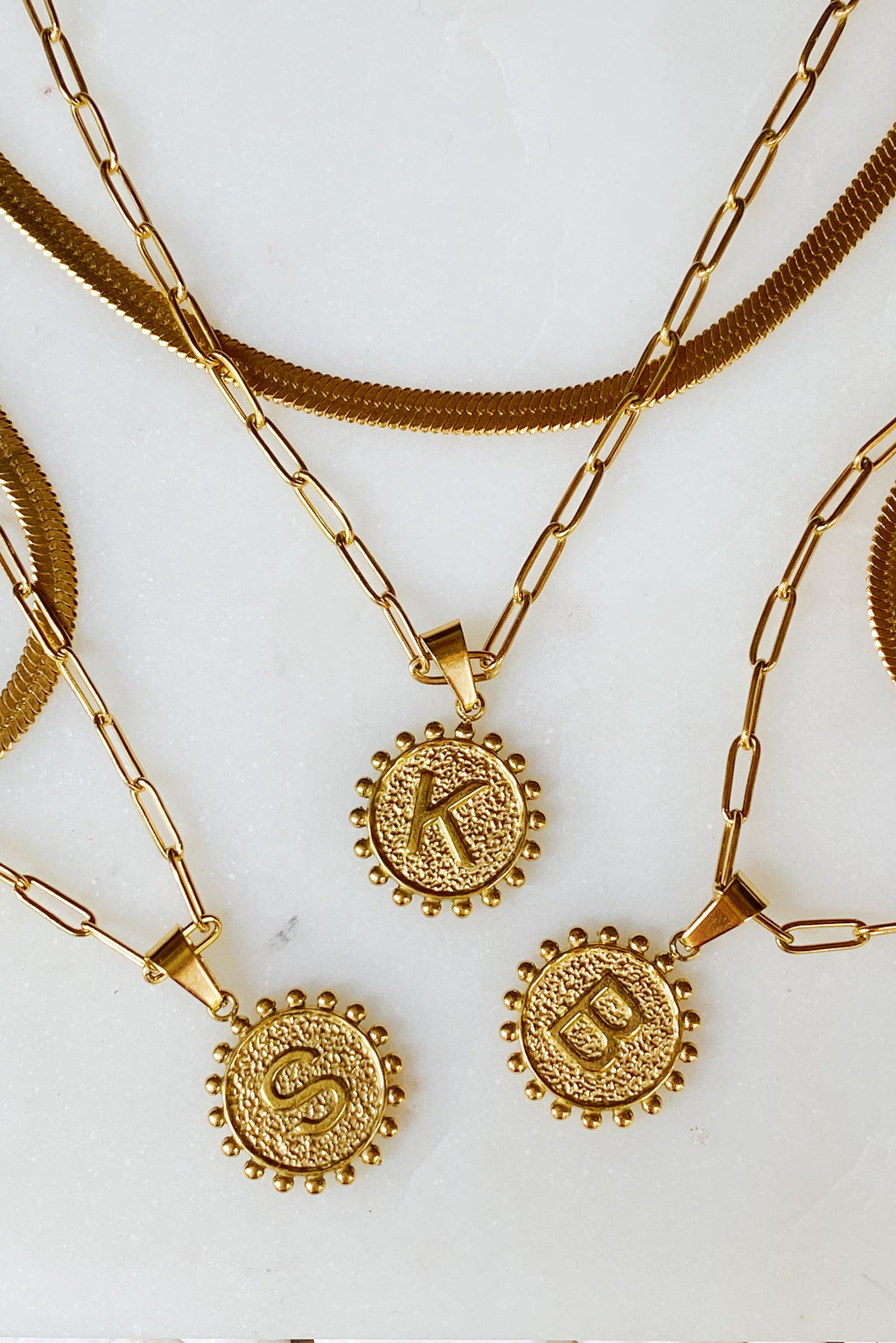 18K gold plated layered double chain necklace with reversible initial and heart charm — view 2
