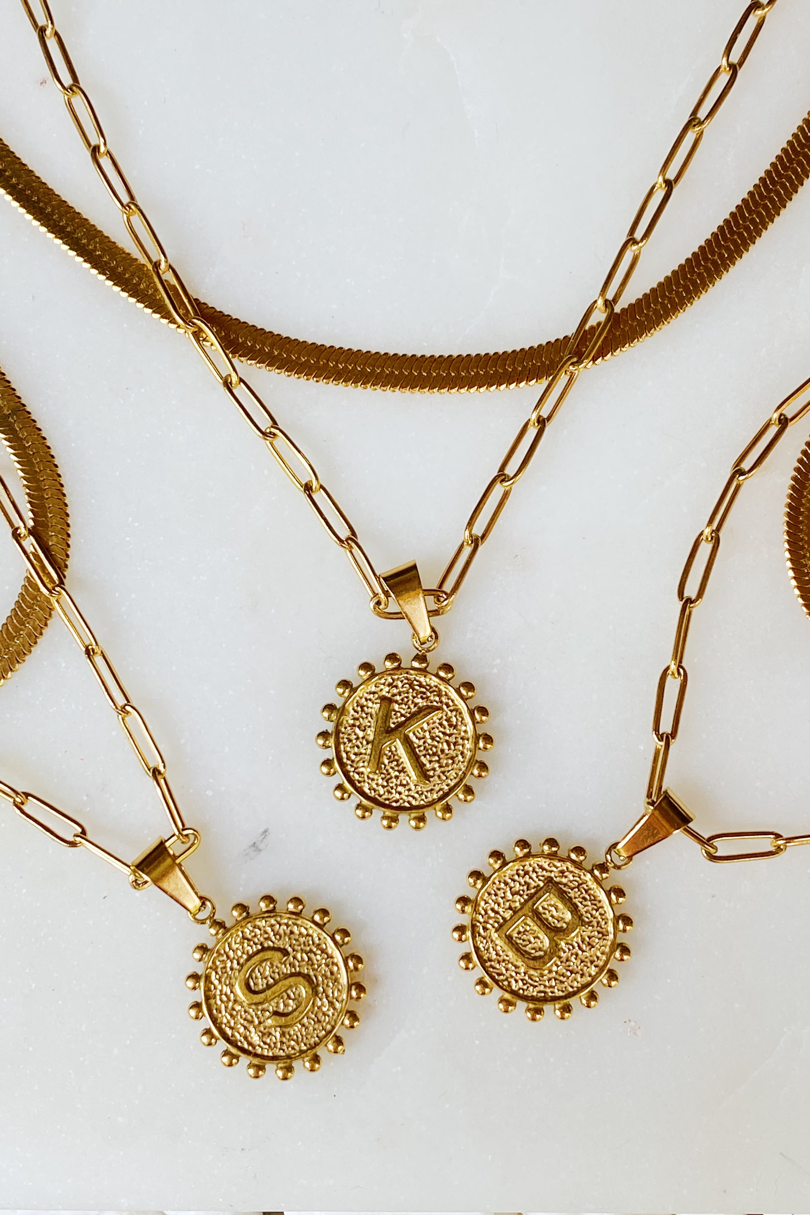 18K gold plated layered double chain necklace with reversible initial and heart charm — view 2