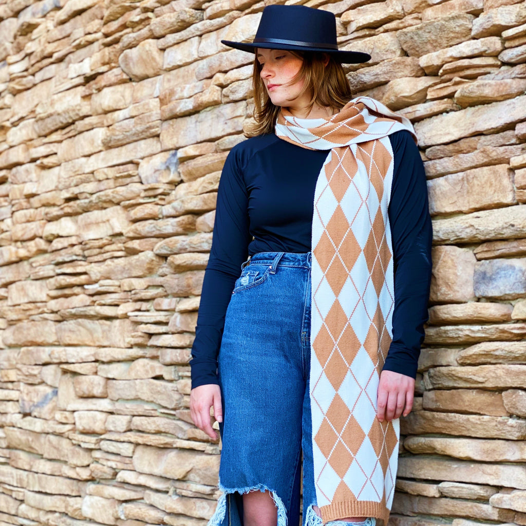 Patterned knit scarf in classic argyle cozy cold weather neckwear wrap for autumn and winter