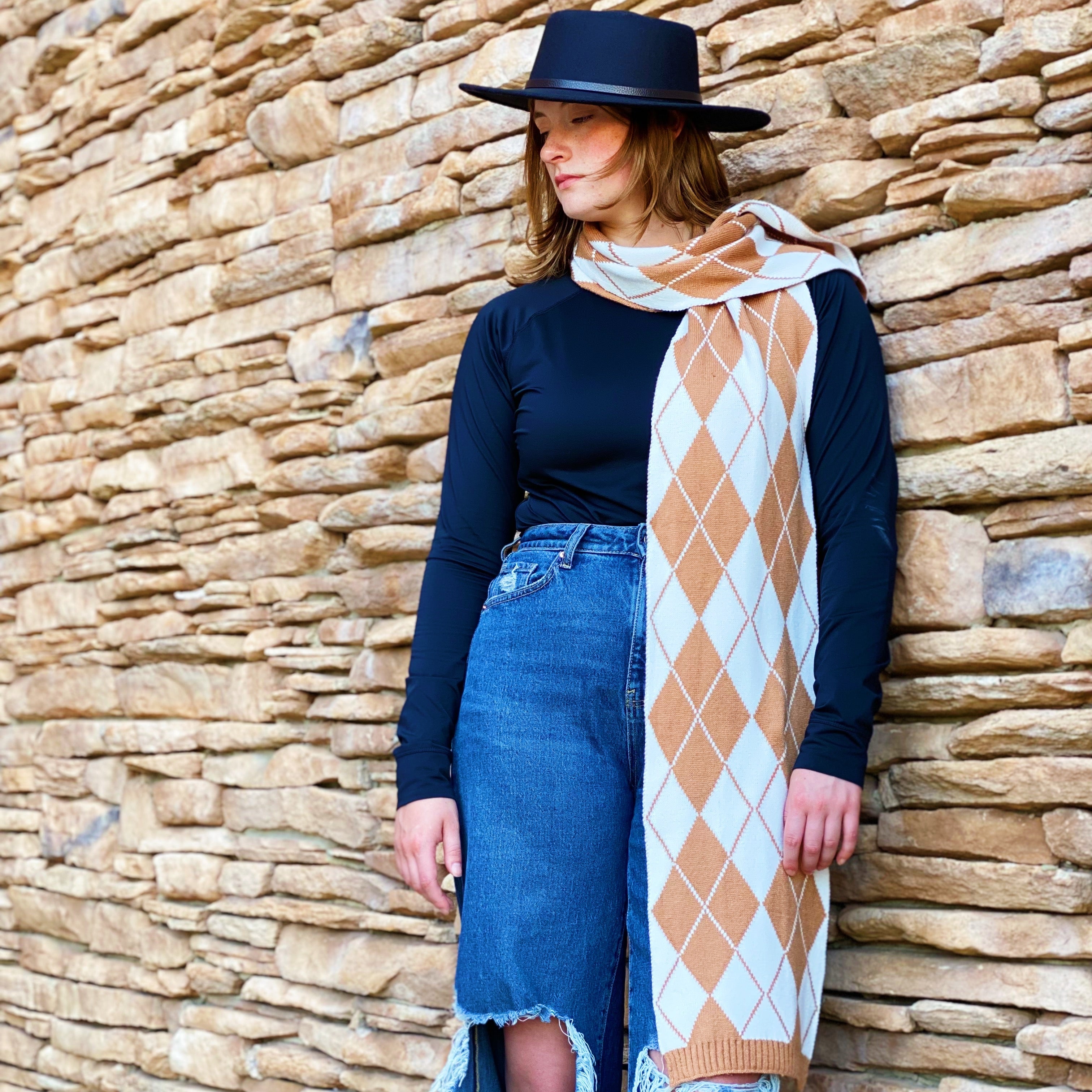Patterned knit scarf in classic argyle cozy cold weather neckwear wrap for autumn and winter