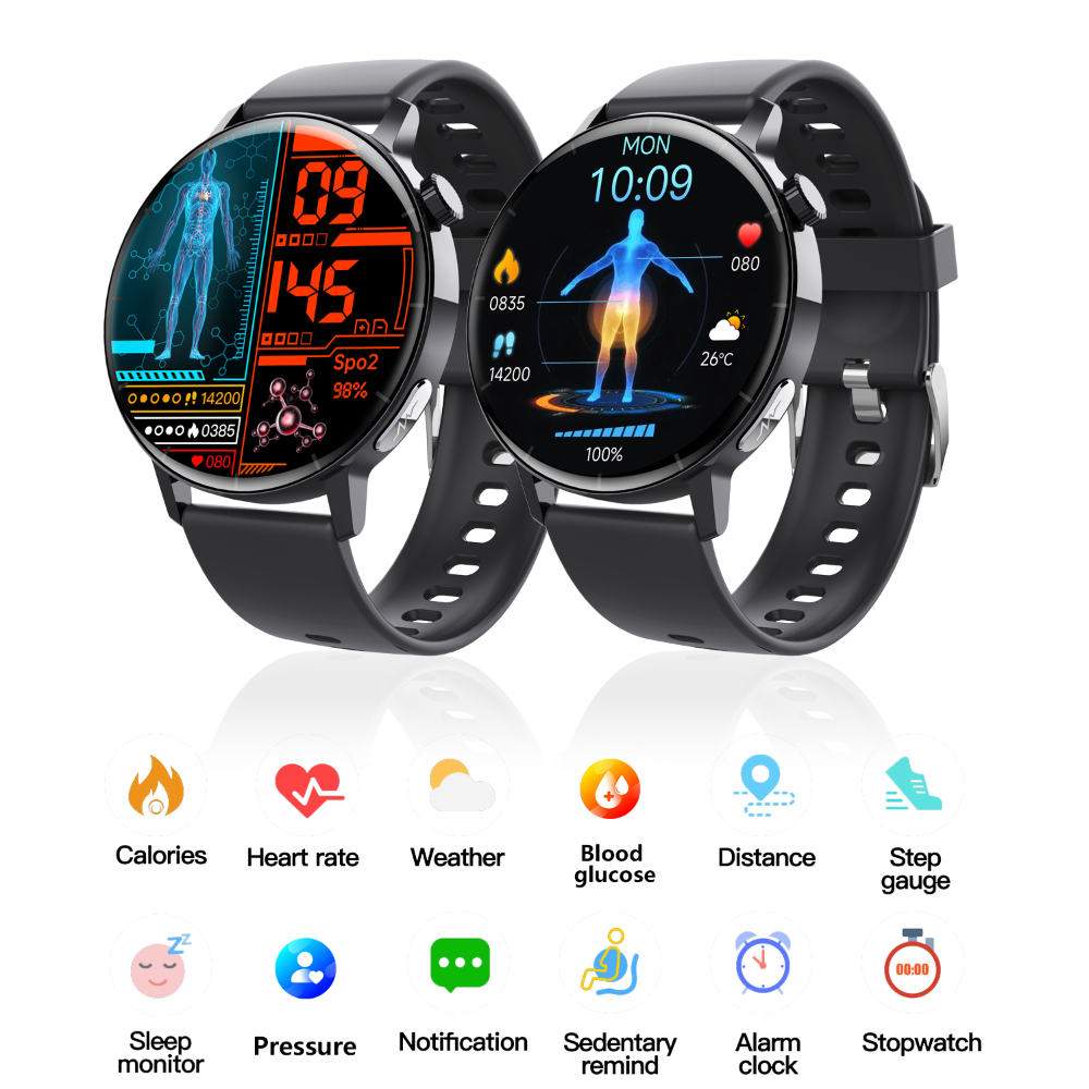 Advanced ECG smart watch with high-definition digital display showing health metrics and fitness data.