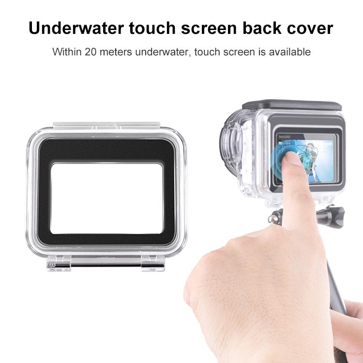 Clear waterproof action camera case with touch back cover for Insta360 Go 3 underwater recording.