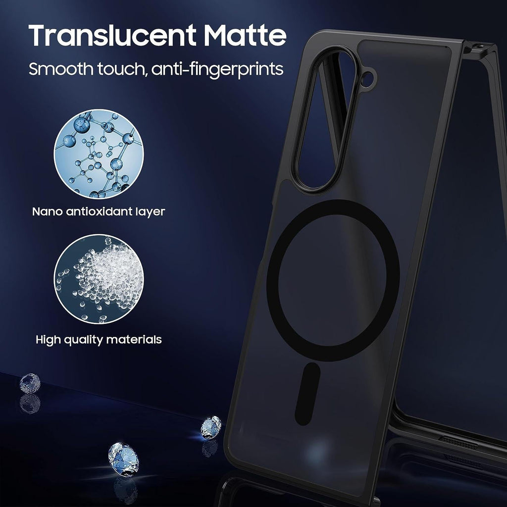 Black translucent MagSafe case for Samsung Galaxy Z Fold4 showing ultra-thin protective shell