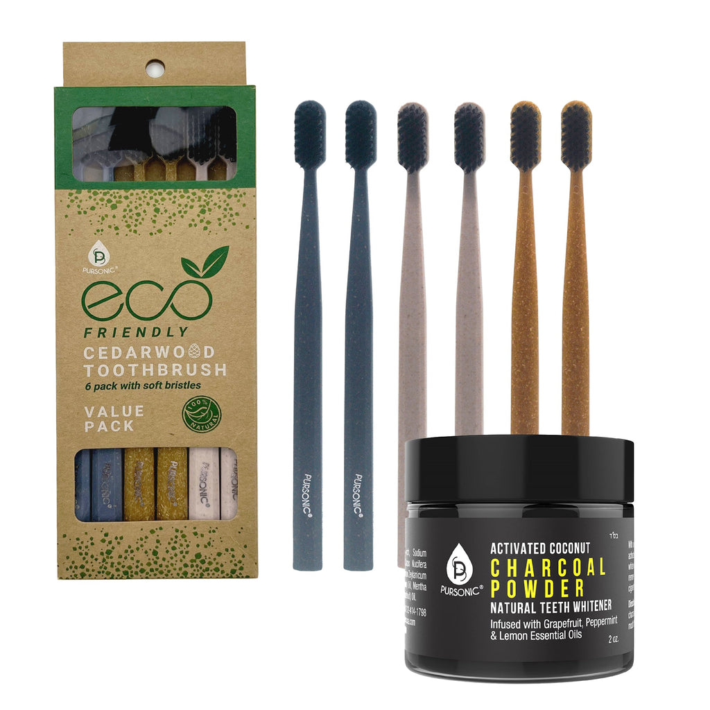 Natural Radiance Combo: Activated Coconut Charcoal Powder Natural Teeth Whitener + 100% Eco-friendly Cedarwood Toothbrushes (6 Pack)-0