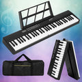 Black 61-key foldable electronic piano keyboard with travel bag, microphone, and sustain pedal