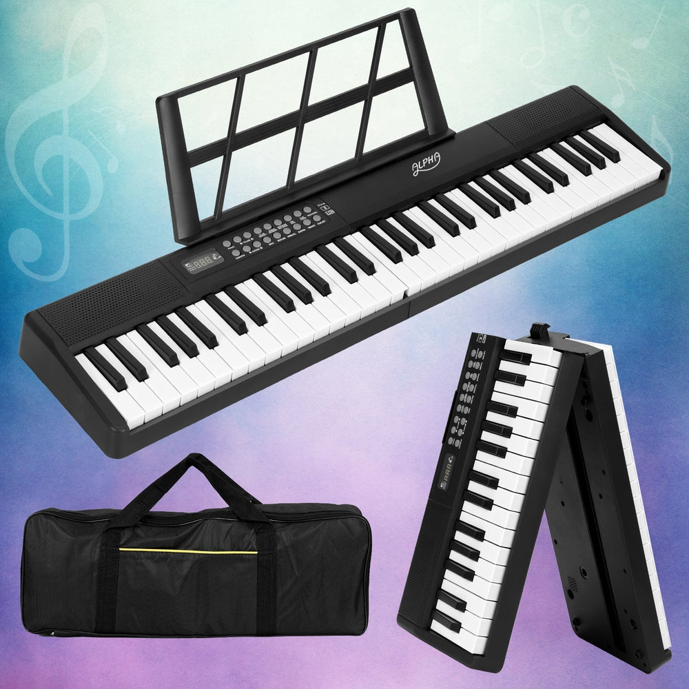 Black 61-key foldable electronic piano keyboard with travel bag, microphone, and sustain pedal