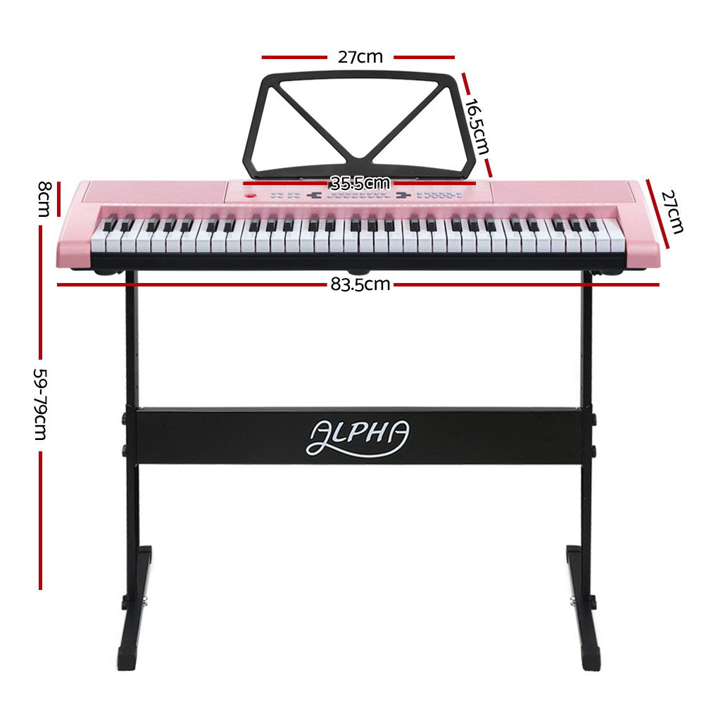 Pink Alpha 61-key electronic piano keyboard on adjustable black stand with music sheet holder — view 2