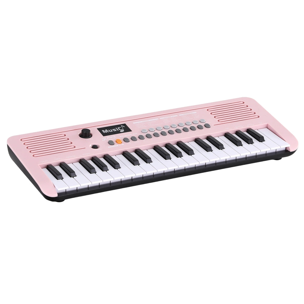 Pink Alpha 37-key digital kids piano keyboard with built-in speakers and interactive buttons