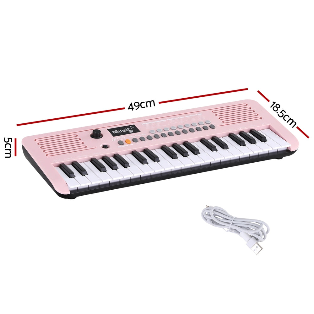 Pink Alpha 37-key digital kids piano keyboard with built-in speakers and interactive buttons — view 2