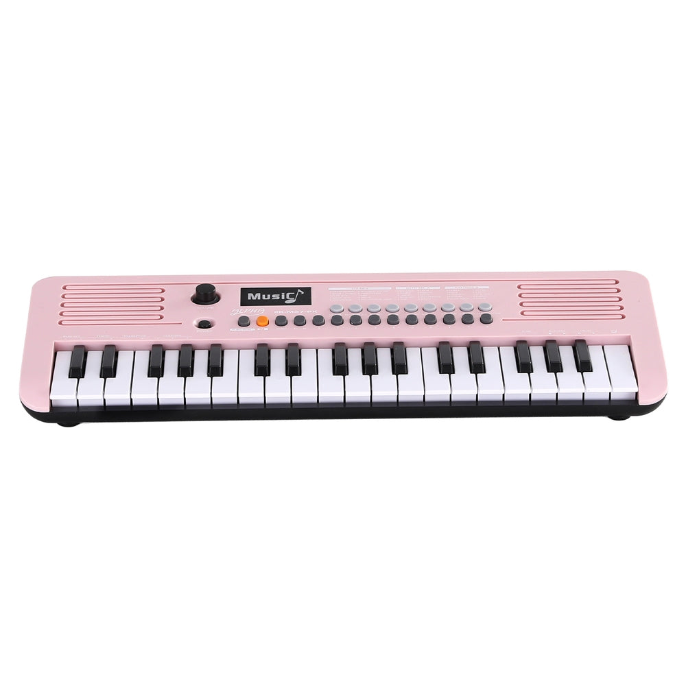 Pink Alpha 37-key digital kids piano keyboard with built-in speakers and interactive buttons — view 3