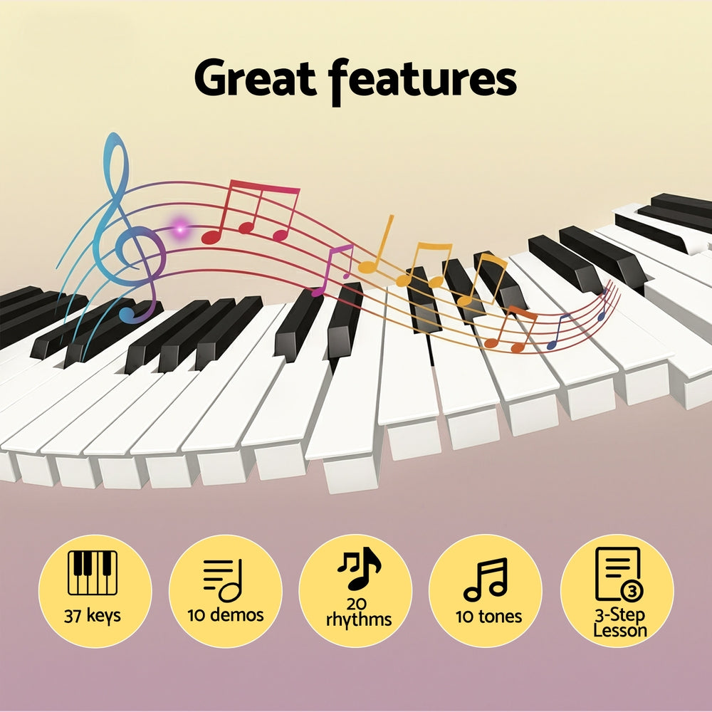 Pink Alpha 37-key digital kids piano keyboard with built-in speakers and interactive buttons — view 4