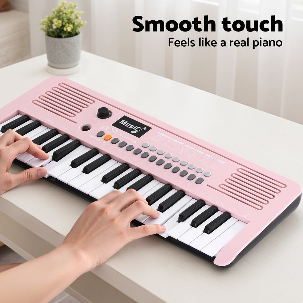 Pink Alpha 37-key digital kids piano keyboard with built-in speakers and interactive buttons — view 5