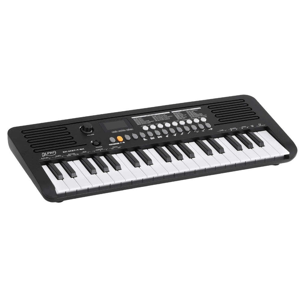 Alpha 37-key digital piano in black, featuring built-in speakers, interface buttons, and compact portable design