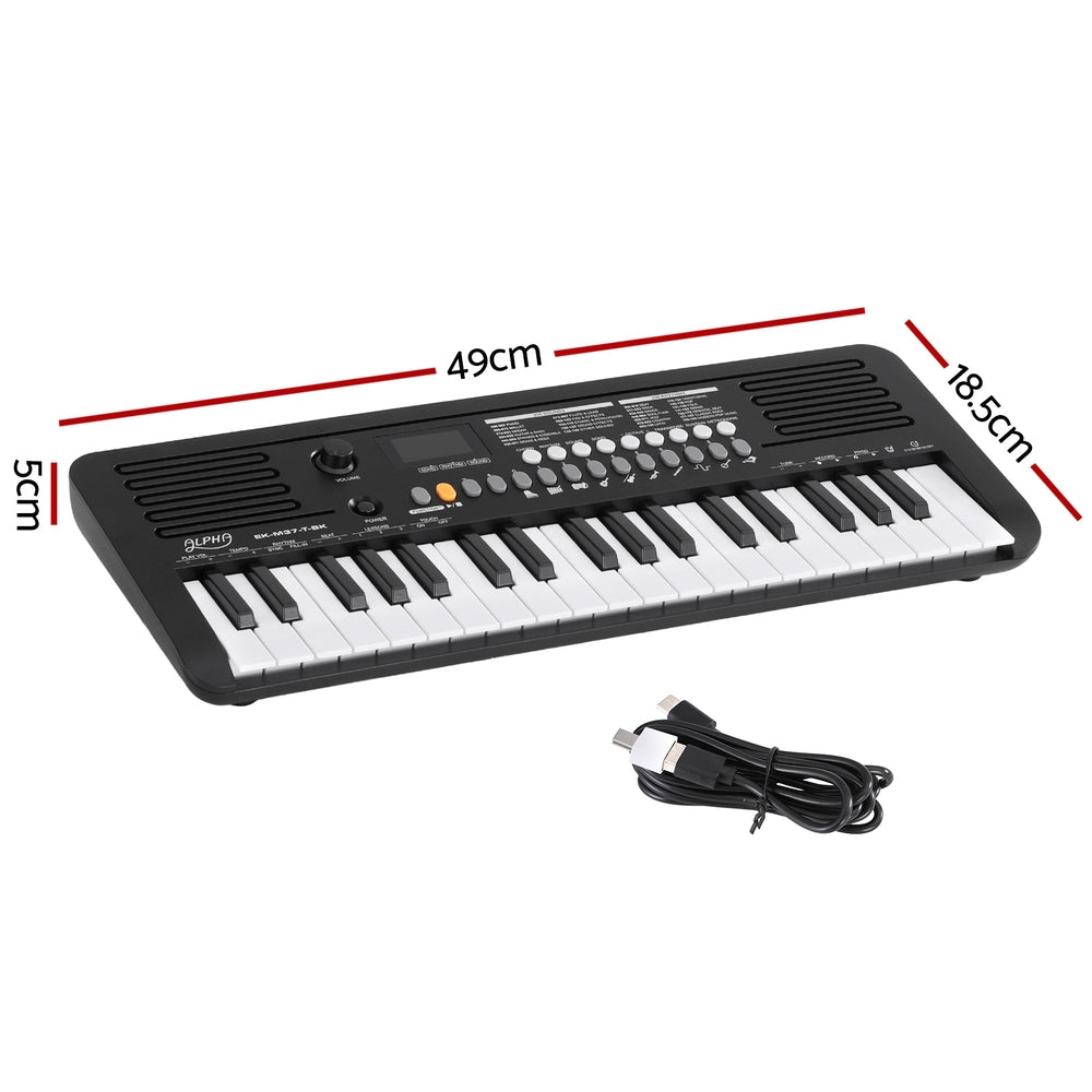 Alpha 37-key digital piano in black, featuring built-in speakers, interface buttons, and compact portable design — view 2