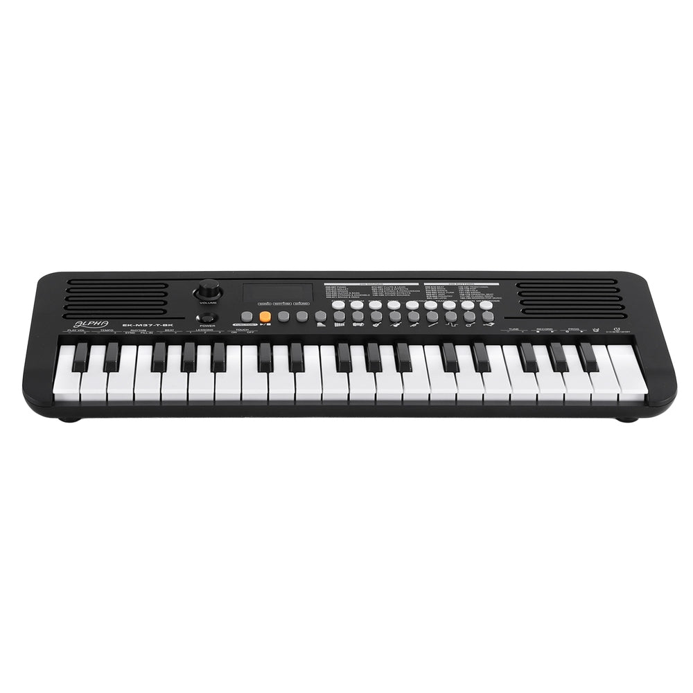 Alpha 37-key digital piano in black, featuring built-in speakers, interface buttons, and compact portable design — view 3