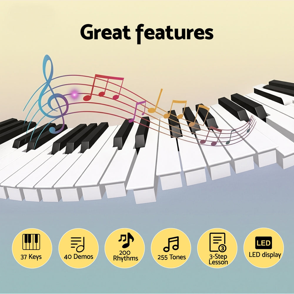 Alpha 37-key digital piano in black, featuring built-in speakers, interface buttons, and compact portable design — view 4
