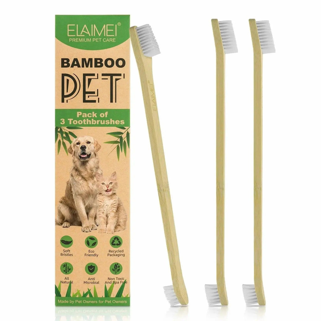 Set of three eco-friendly bamboo pet toothbrushes with soft bristles for dogs and cats