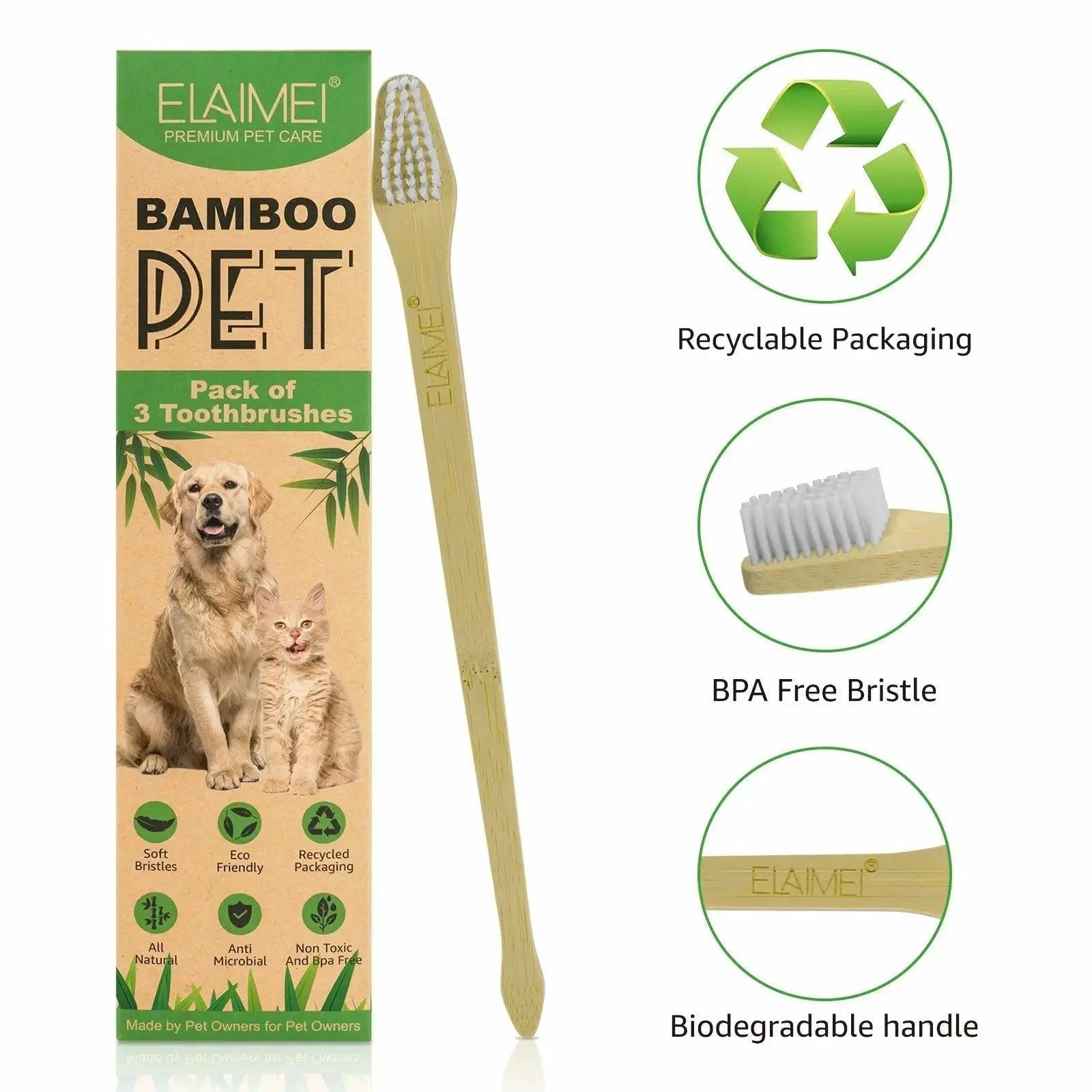 Set of three eco-friendly bamboo pet toothbrushes with soft bristles for dogs and cats — view 4
