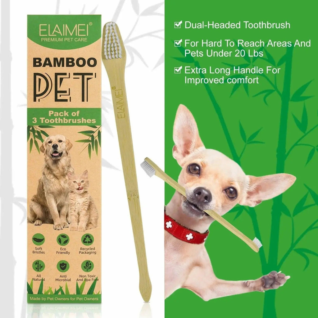 Set of three eco-friendly bamboo pet toothbrushes with soft bristles for dogs and cats — view 5