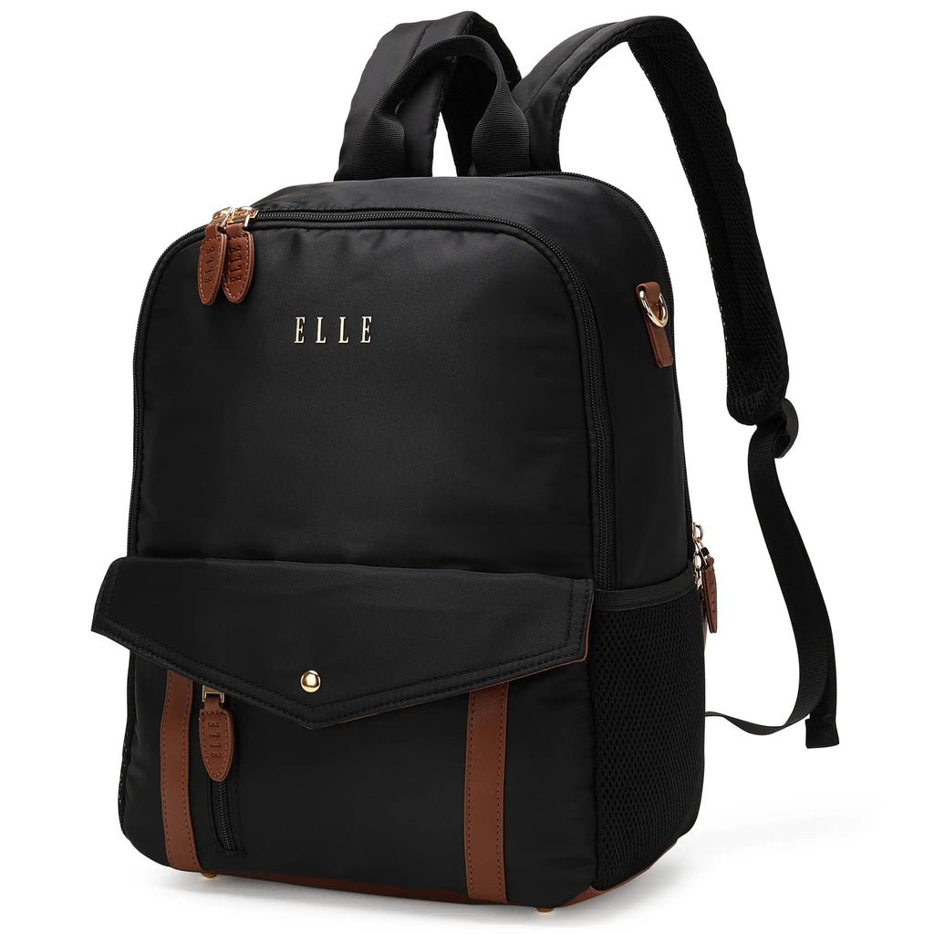 Luxe Journey 18L vegan leather and twill backpack with adjustable shoulder straps and trolley sleeve