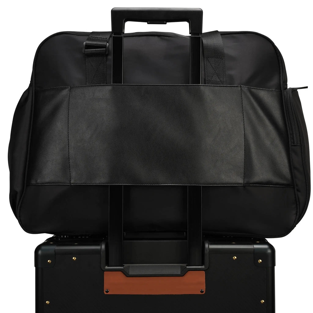 ELLE Wayfarer 40L monogram weekender duffel bag with vegan leather accents and trolley sleeve — view 2