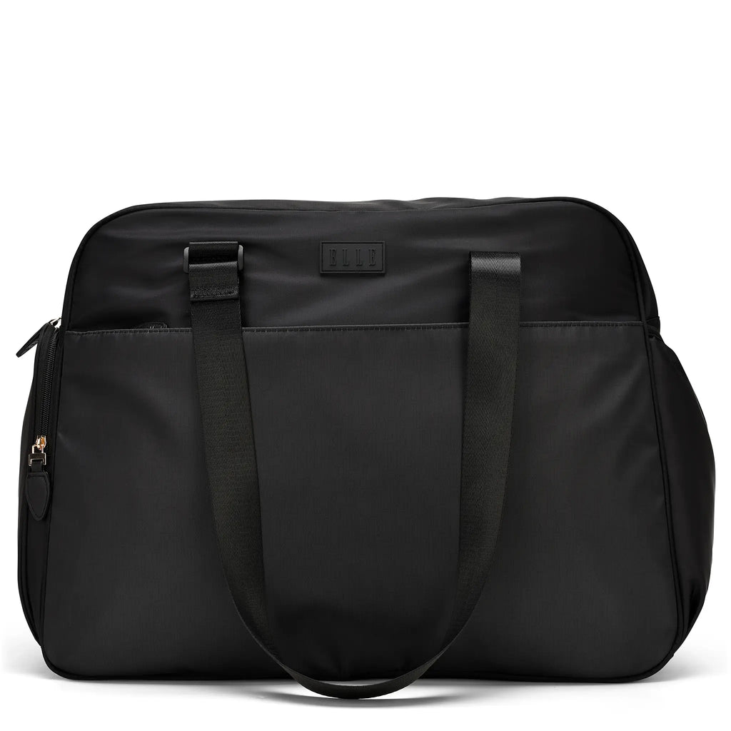 ELLE Wayfarer 40L monogram weekender duffel bag with vegan leather accents and trolley sleeve