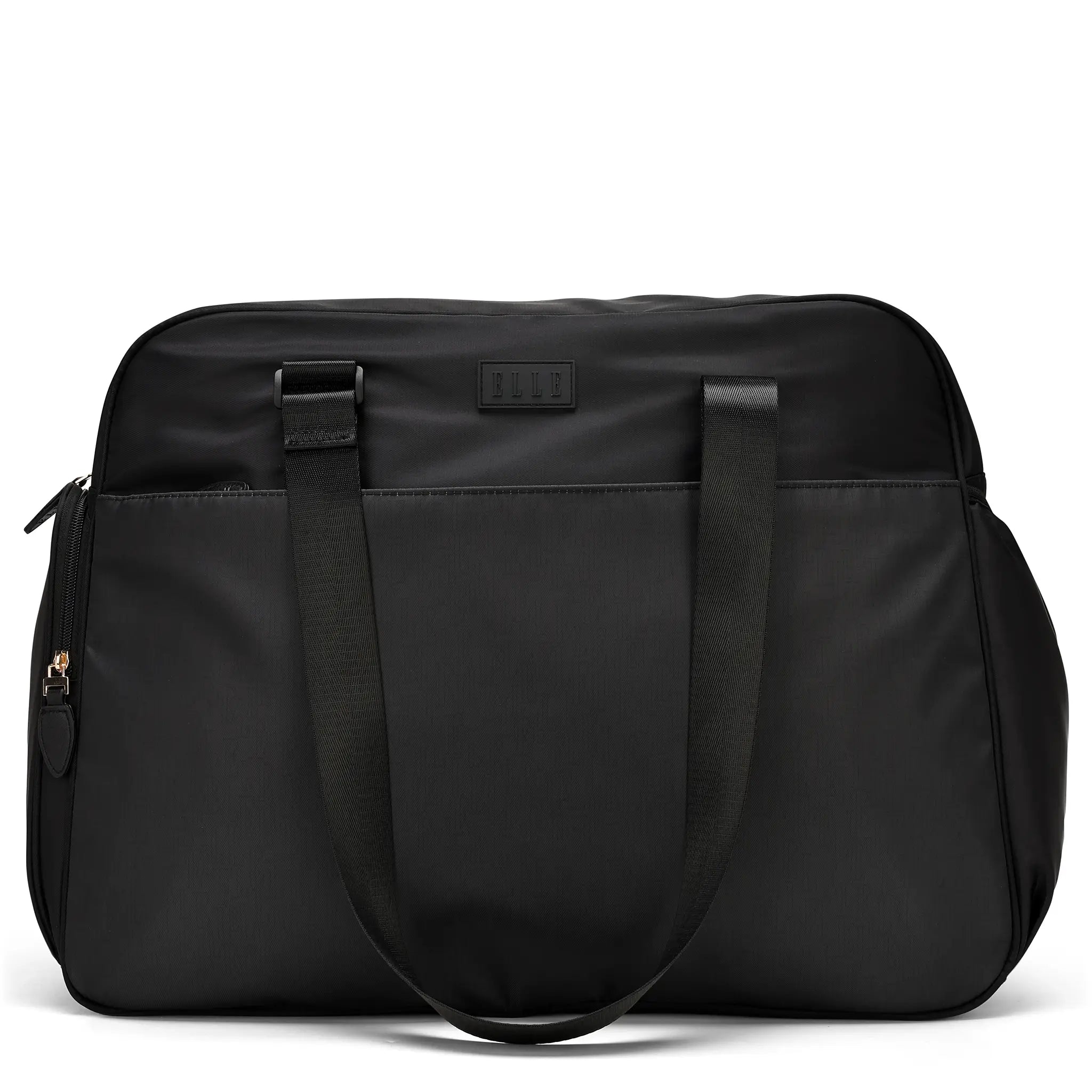 ELLE Wayfarer 40L monogram weekender duffel bag with vegan leather accents and trolley sleeve