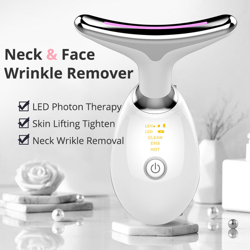 EMS thermal neck massager device with ergonomic curved design for skin lifting and anti-aging treatments.