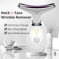 EMS thermal neck massager device with ergonomic curved design for skin lifting and anti-aging treatments.