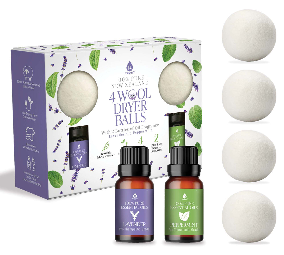 Wool Dryer Balls Bundle - Reusable Laundry Balls Made from Pure New Zealand Wool - Includes Lavender & Peppermint Oils-0