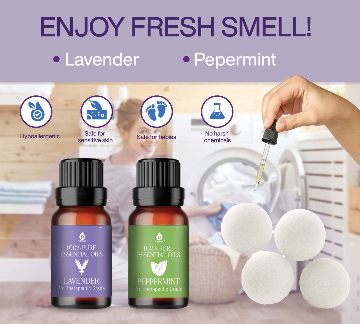 Wool Dryer Balls Bundle - Reusable Laundry Balls Made from Pure New Zealand Wool - Includes Lavender & Peppermint Oils-1
